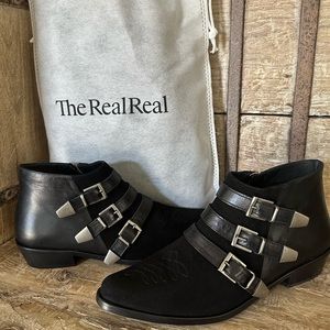 Anine Bing Emma Suede Embroidered Black Leather Buckle Booties